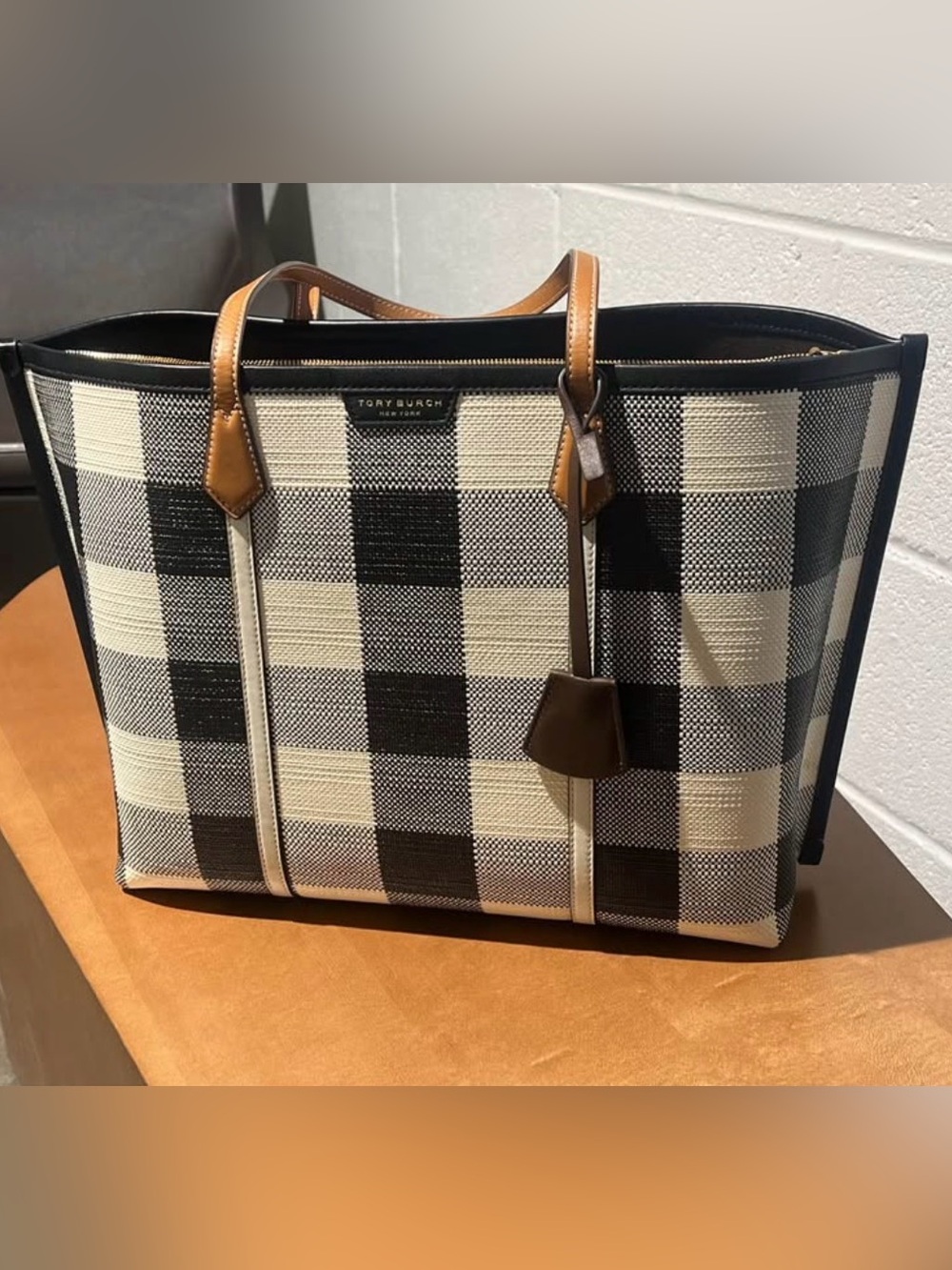 Tory Burch Black and White Gingham Tote with Brown Trim
